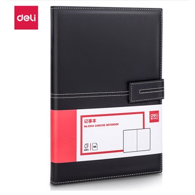 得力/deli 3344 薄本冊 16K120張荔枝紋磁扣皮面本辦公用品 商務記事本工作筆記本子文具 黑色3344